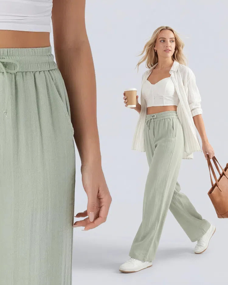High Waisted Drawstring Pocket Wide Leg Casual Linen-Feel Pants
