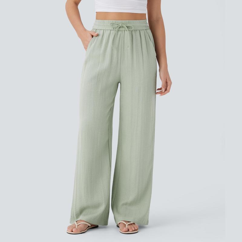 High Waisted Drawstring Pocket Wide Leg Casual Linen-Feel Pants