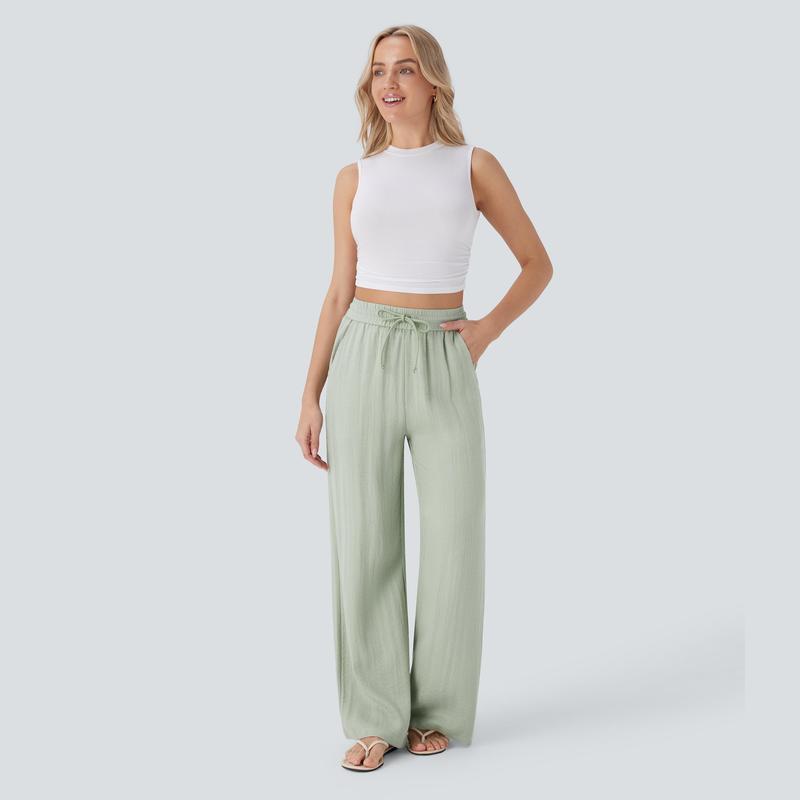 High Waisted Drawstring Pocket Wide Leg Casual Linen-Feel Pants