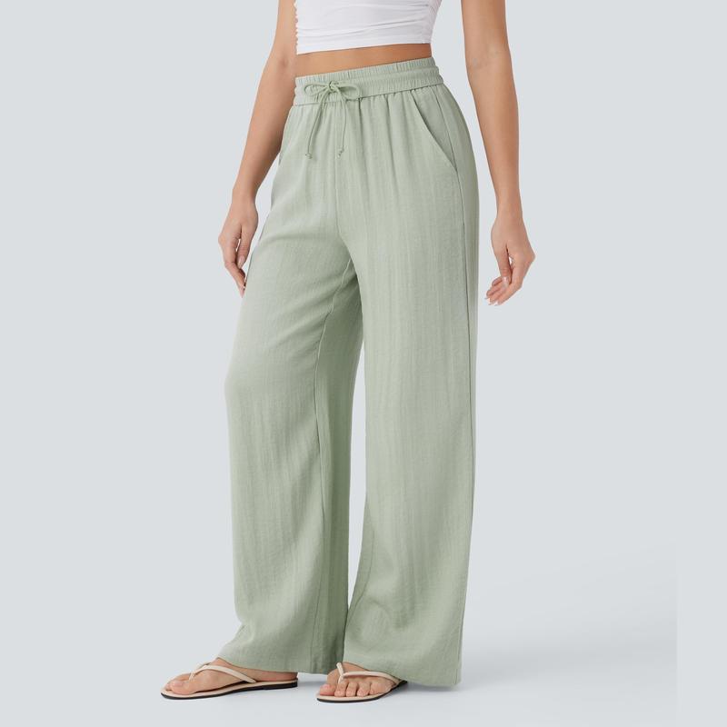 High Waisted Drawstring Pocket Wide Leg Casual Linen-Feel Pants