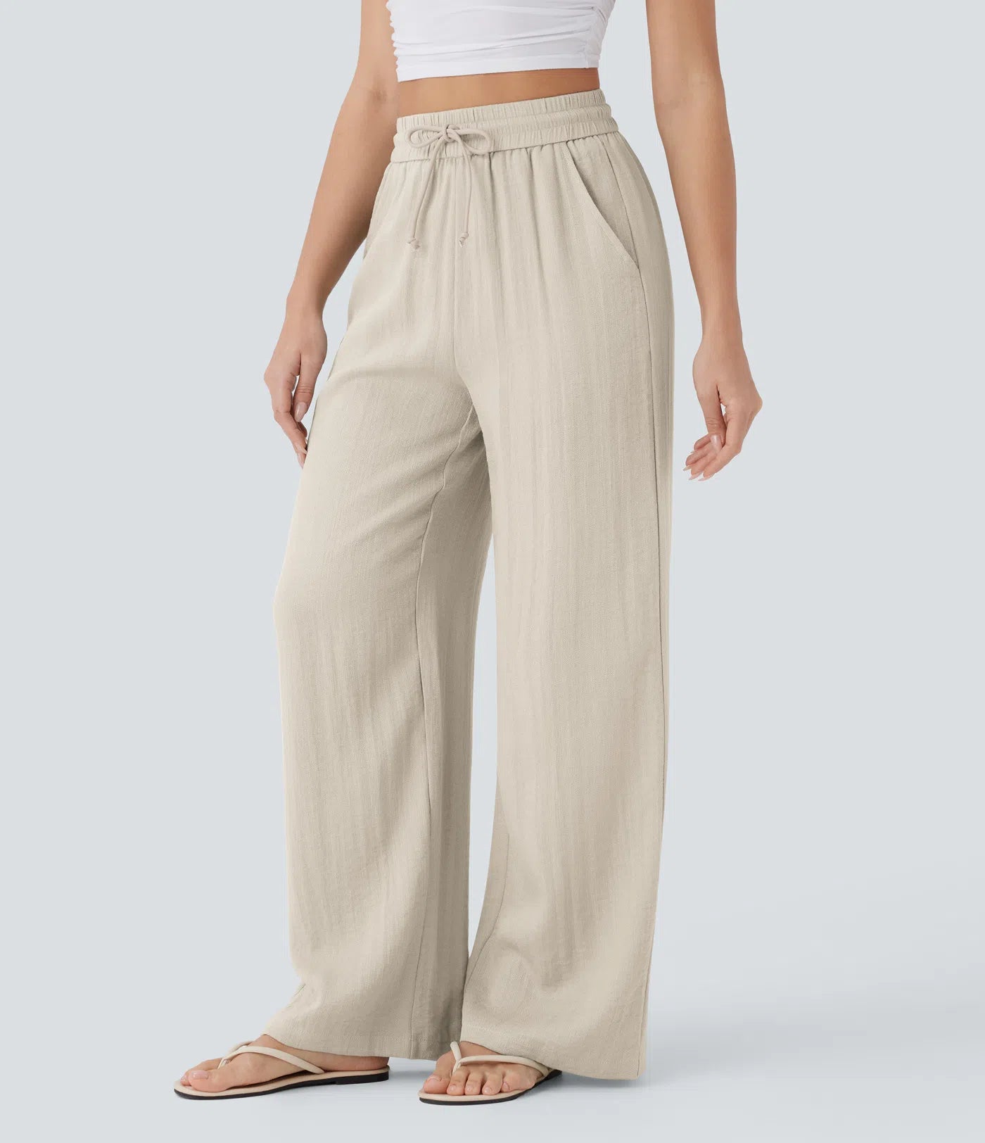 High Waisted Drawstring Pocket Wide Leg Casual Linen-Feel Pants