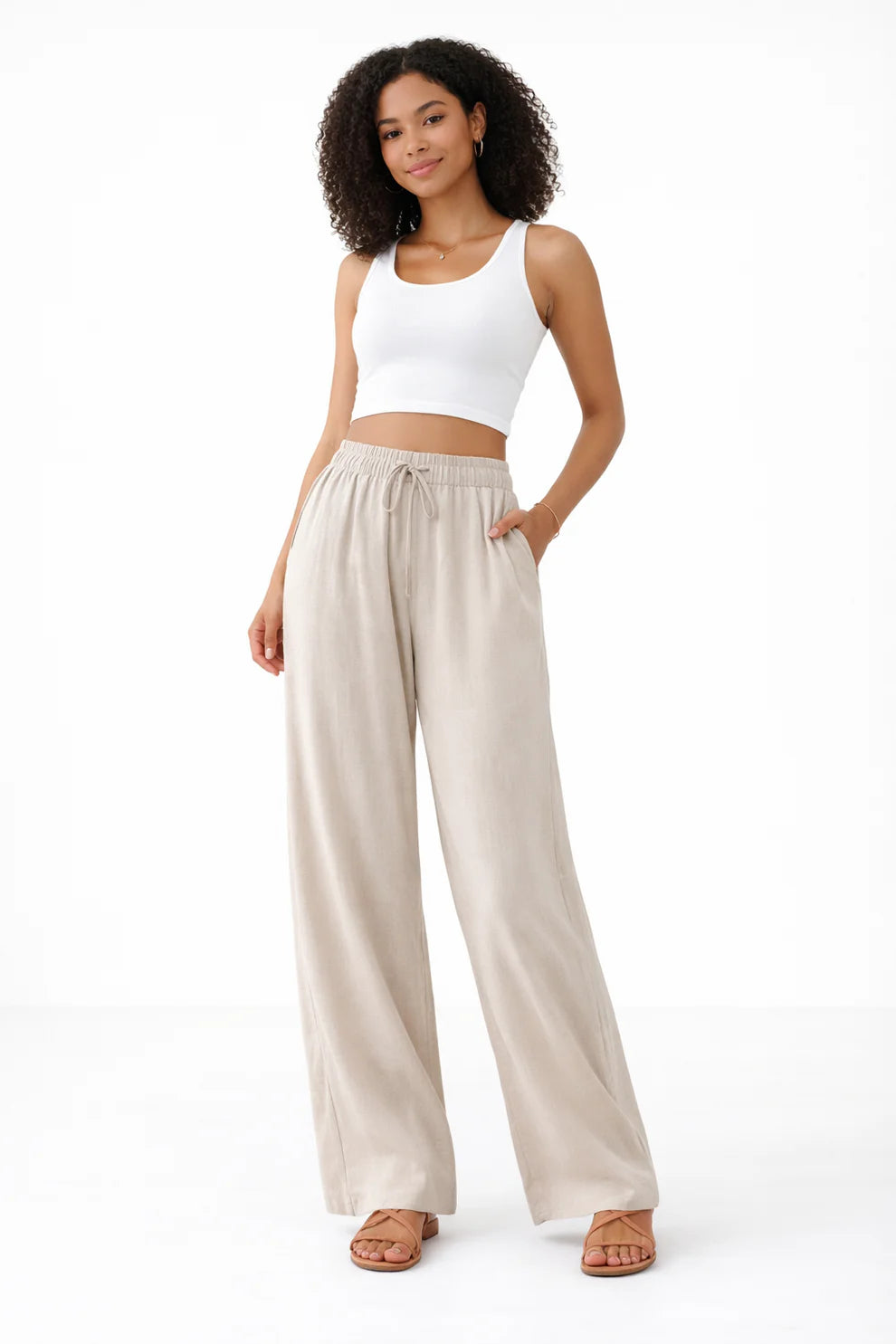 High Waisted Drawstring Pocket Wide Leg Casual Linen-Feel Pants